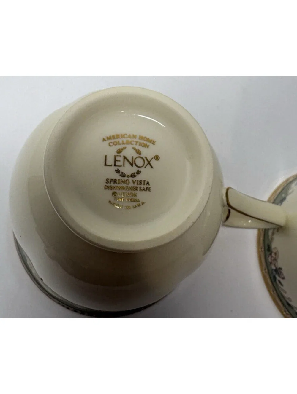 Pair Of Lenox Spring Vista USA Bone China Teacups Gold Rim Green Border